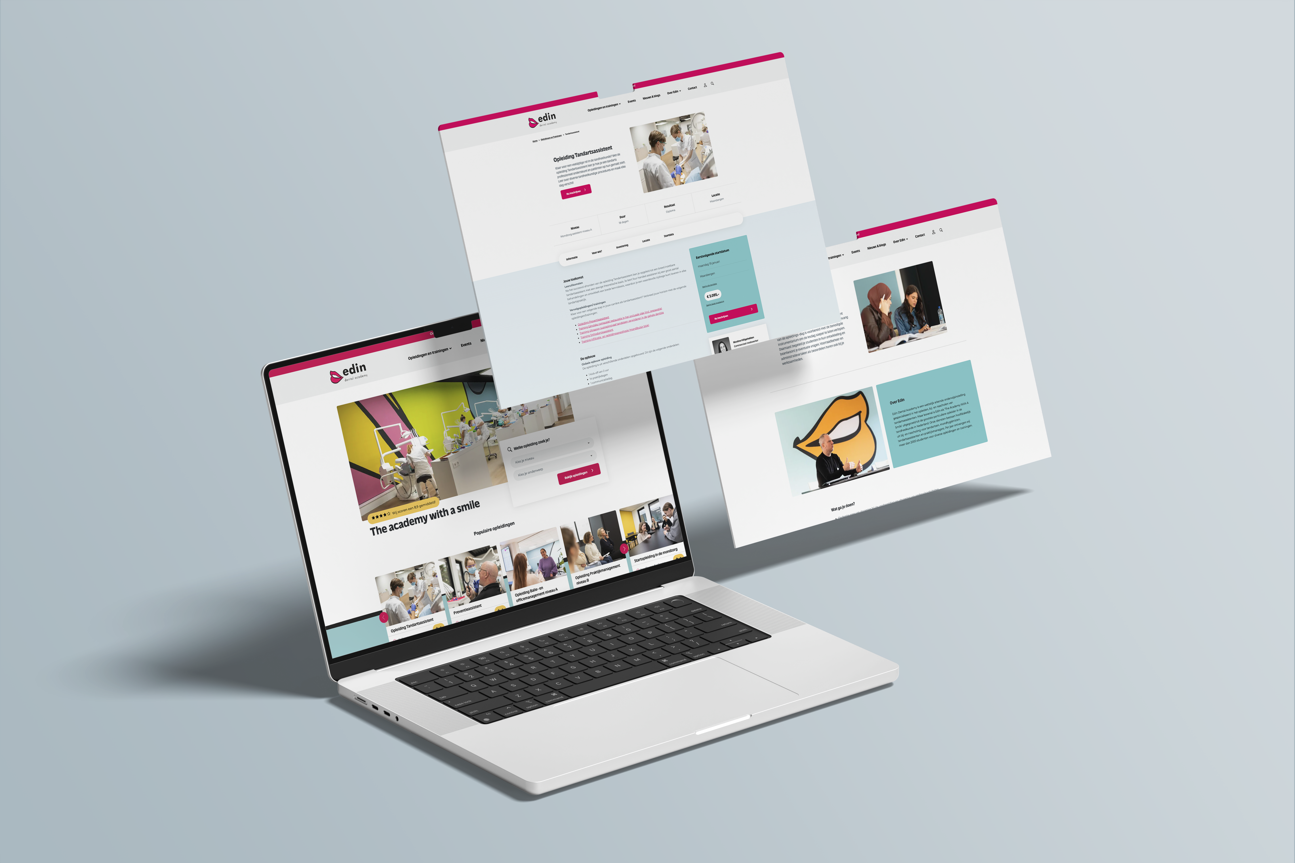 Laptop en uitgeprinte webpagina's van Edin Academy met paars logo, afbeeldingen en tekst
