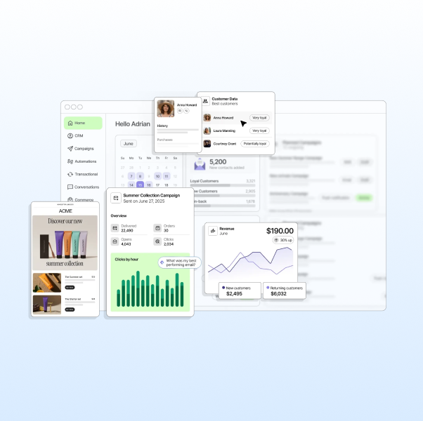Dashboard met navigatiemenu, klantgegevens, campagnestatistieken en inkomstengrafiek met groene balken en blauwe lijndiagram