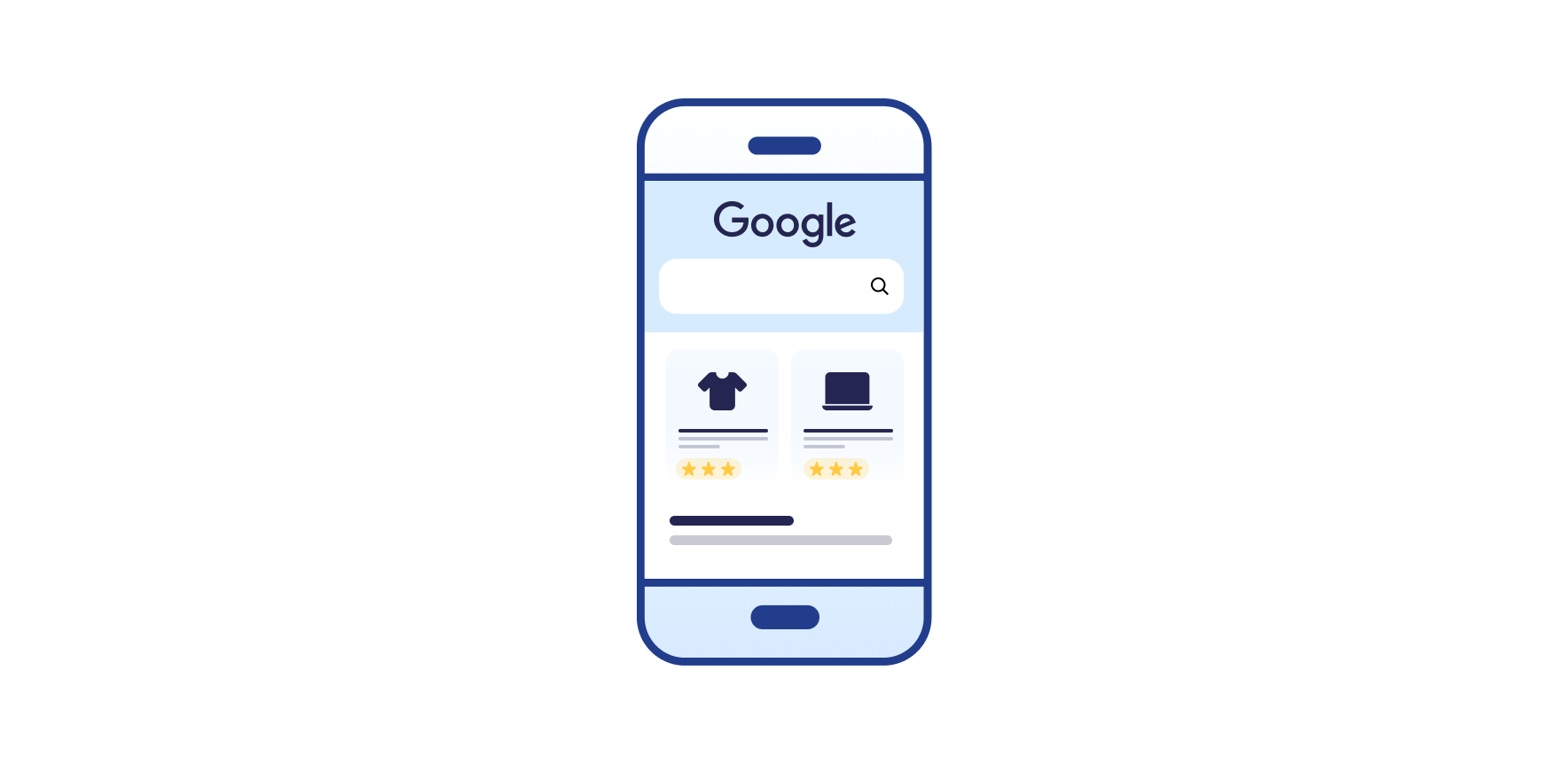 Mobiele telefoon met Google zoekinterface toont zoekbalk en producten met sterrenbeoordelingen