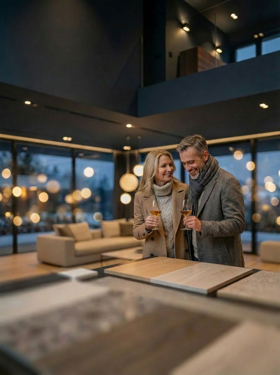 man en vrouw in winterse kleding met een glas wijn
