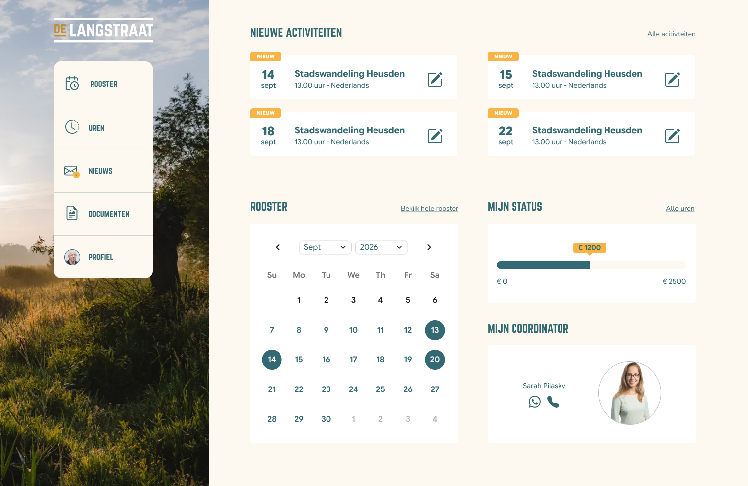 Een screenshot van een webpagina van De Langstraat waarop een activiteitenkalender te zien is met rooster, status en coordinator. 