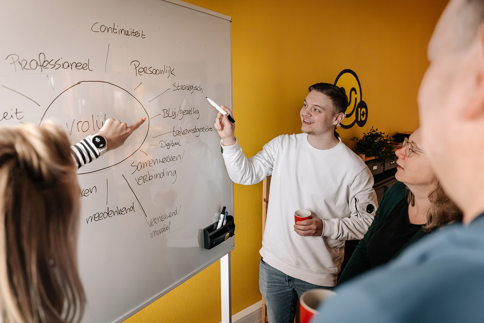 team wijzend naar whiteboard