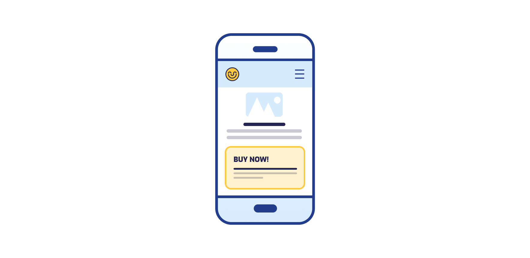 Mobiel telefoonscherm met afbeelding, tekst en gele Buy Now knop voor e-commerce aankoop