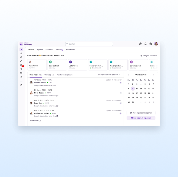Schermafbeelding van HubSpot agenda met geplande interviews en events voor oktober 2024