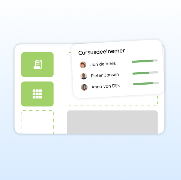 Interfacedesign met cursusdeelnemers Jan de Vries, Pieter Jansen en Anna van Dijk, naast groene iconen voor kalender en schema
