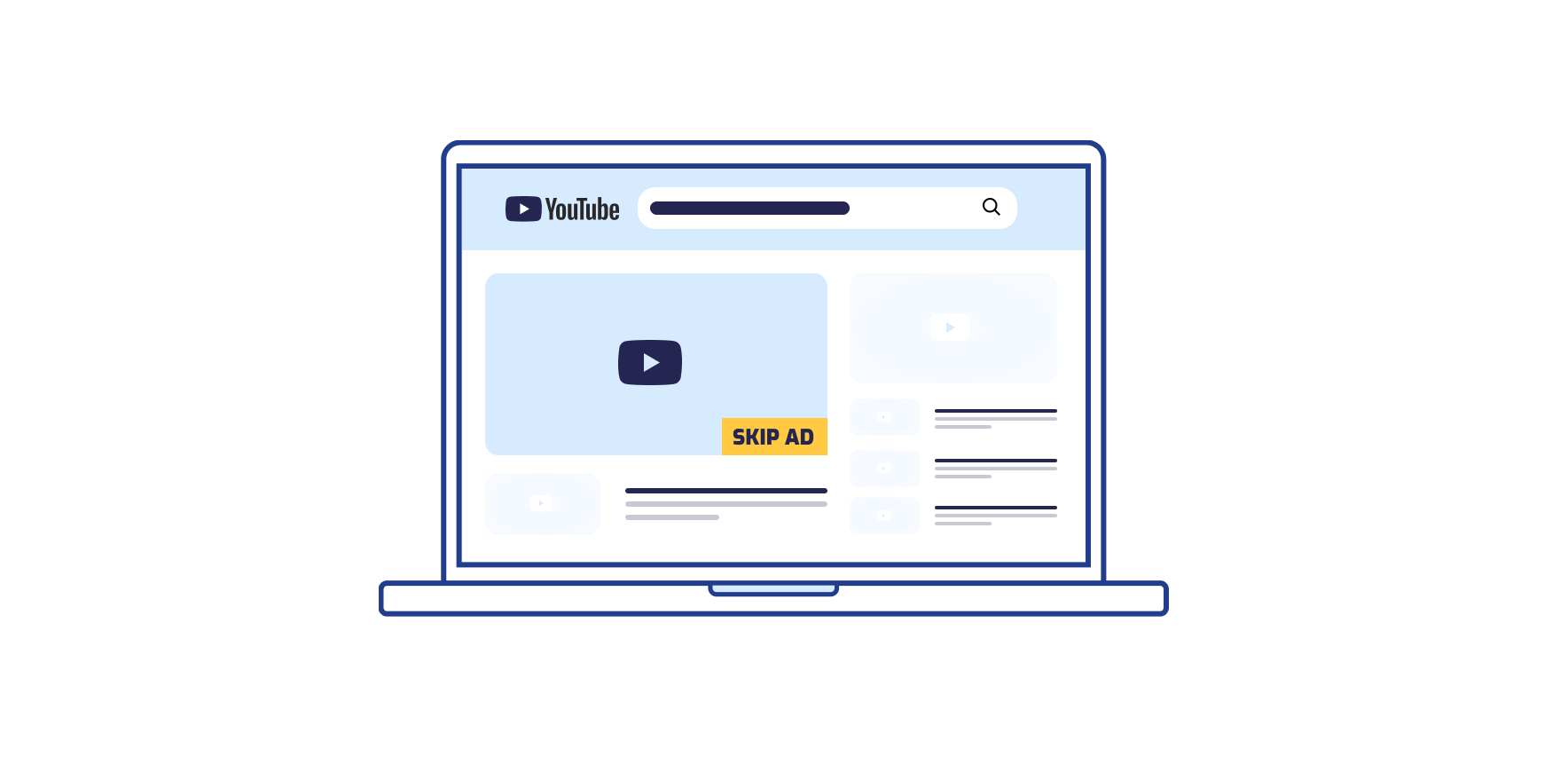 YouTube videoplayerpagina op een laptop met een gele skip ad-knop en zoekmogelijkheid bovenin
