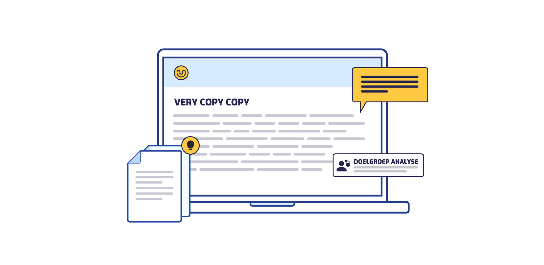 Illustratie van copywriting proces met "Very Copy Copy" titel, doelgroepanalyse en creatieve ideeën voor contentcreatie