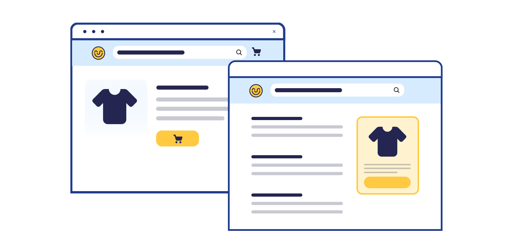 Twee webwinkelschermen tonen een donkerblauw shirt met zoek- en winkelwagenpictogram en gele aanknoppen