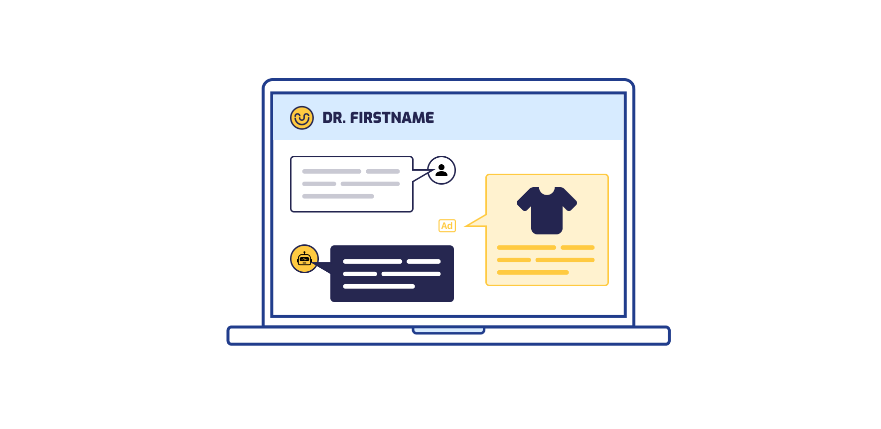 Laptop met DR. FIRSTNAME interface toont tekstblokken met gebruikersicons en advertentie voor kleding