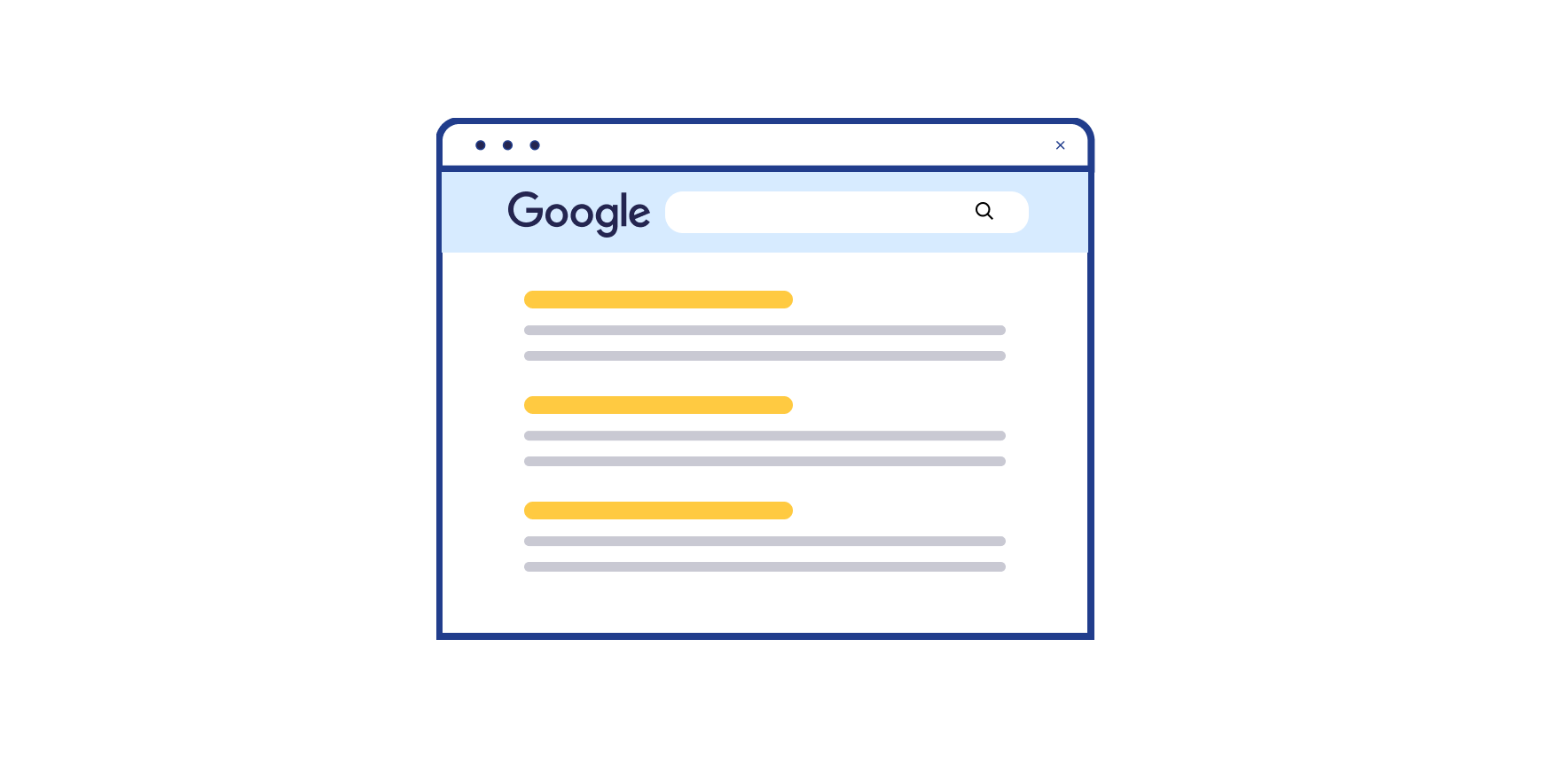 Google zoekmachine interface met zoekbalk en drie gele zoekresultaten met grijze beschrijvingsteksten