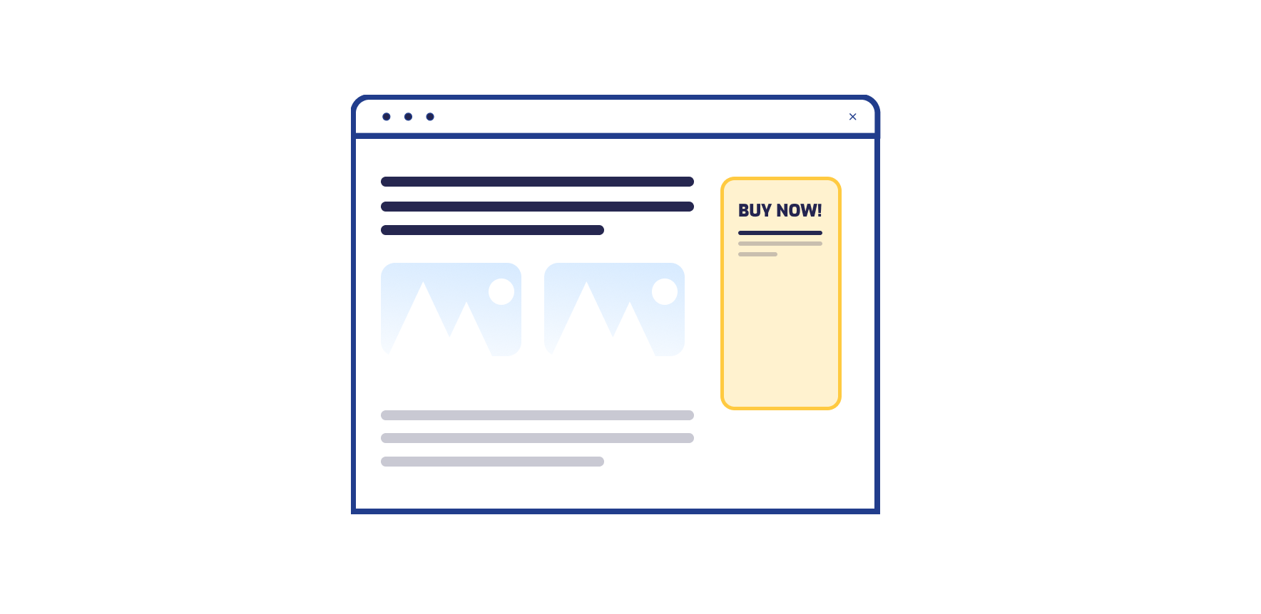 Websitepagina mockup met tekst, twee afbeeldingen en gele Buy Now knop met call-to-action